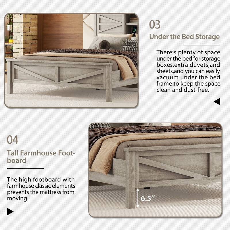 Double Sliding Barn Door Storage Headboard Wood Platform Bed Frame, Charging Station Bookcase Bed, Low Profile Bed