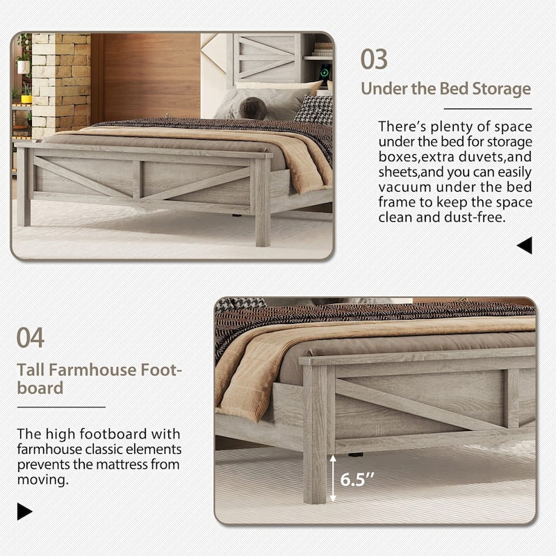 Farmhouse Platform Bed with Double Sliding Barn Door, Full/Queen Size Rustic Bed Frame with Charging Station, Wood Slats Support