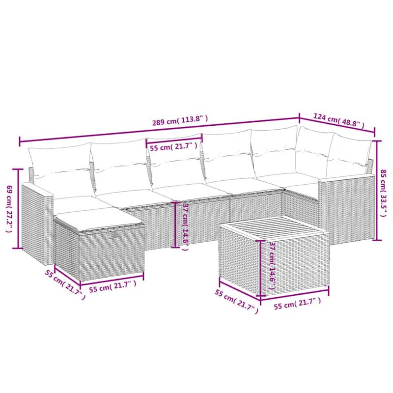 vidaXL Patio Sofa Set with Cushions Outdoor Conversation Furniture Poly Rattan - 24.4" x 24.4" x 27.2"