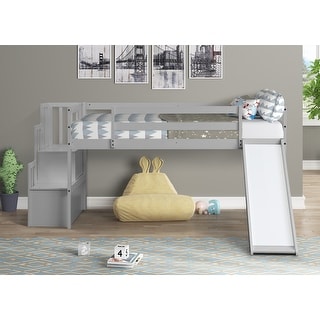 Gray Twin Size Wood Storage Loft Bed with Staircase and Slide - Bed ...