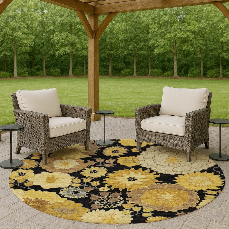 Machine Washable Indoor/ Outdoor Modern Floral Chantille Rug - Black - 8' x 8'