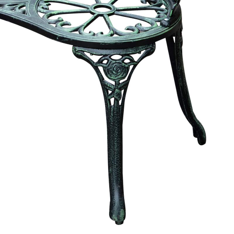 Cast Aluminum Two-Seat Outdoor Bench with Floral Rose Accent & Antique Finish, Green