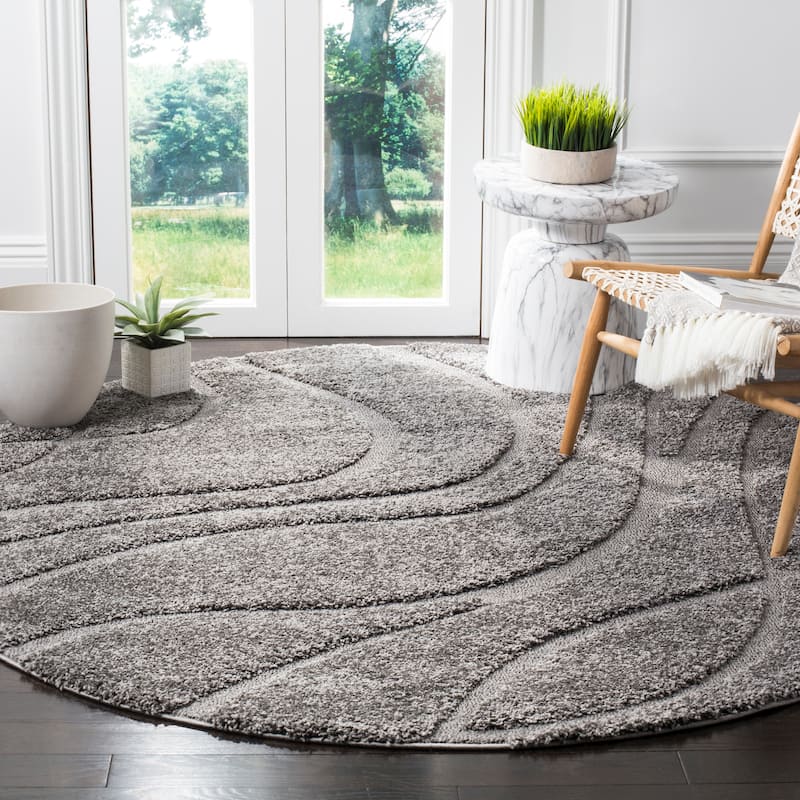 SAFAVIEH Florida Shag Sigtraud Abstract Waves 1.2-inch Area Rug - 8' x 8' Round - Grey/Grey