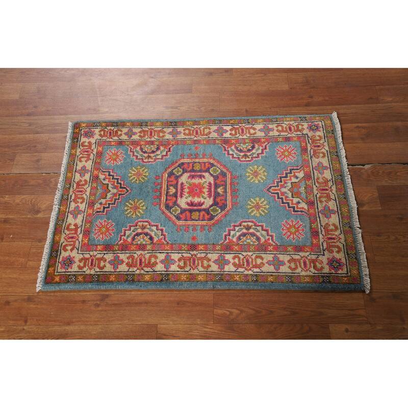 Light Blue Geometric Kazak Foyer Rug Traditional Handmade Wool Carpet - 2'0" x 3'0"
