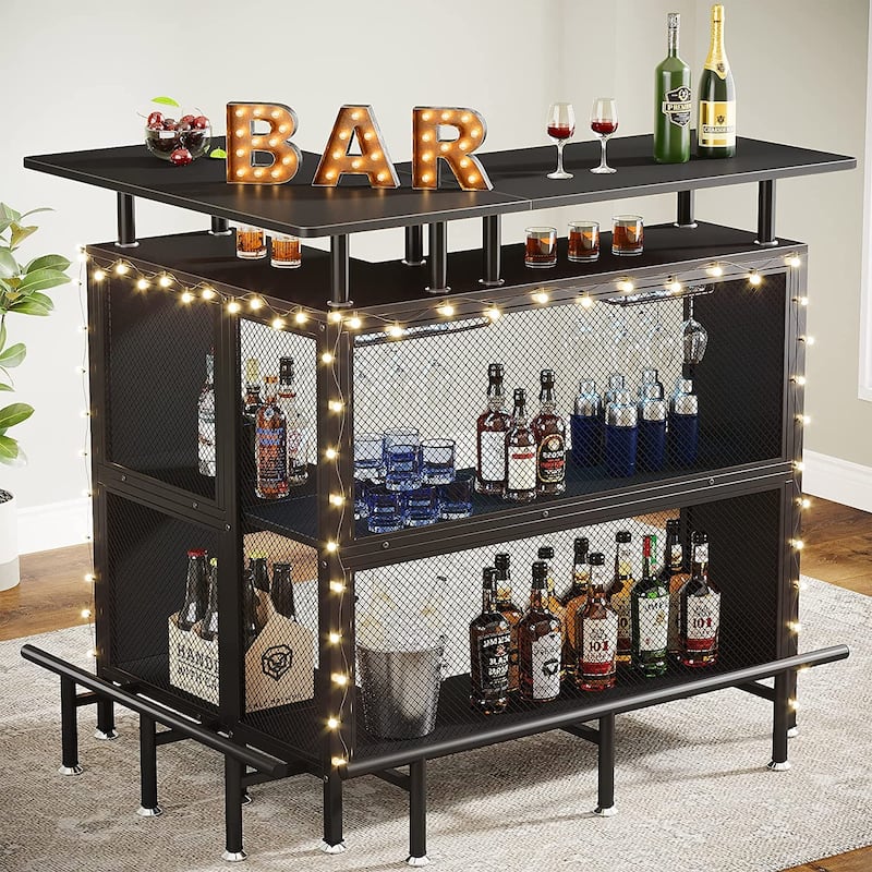 L-shape Home Bar Unit, Liquor Bar Table with 2-Tier Storage - N/A