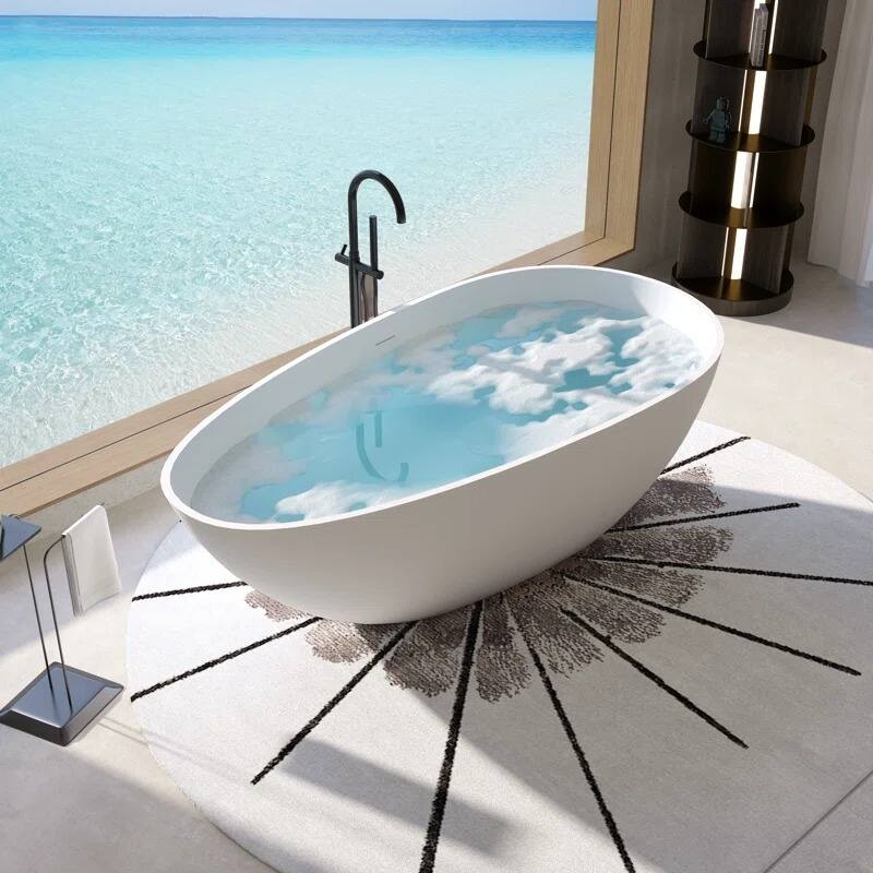 ABRUZZO Freestanding Soaking Solid Surface Bathtub with Overflow and Pop-up Drain
