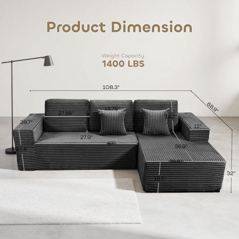 Gymojoy 108" Compressed Sofa Sectional Couch, 1400lbs Weight Capacity L-Shape Chaise Corduroy Couch for Living Room, No Assembly