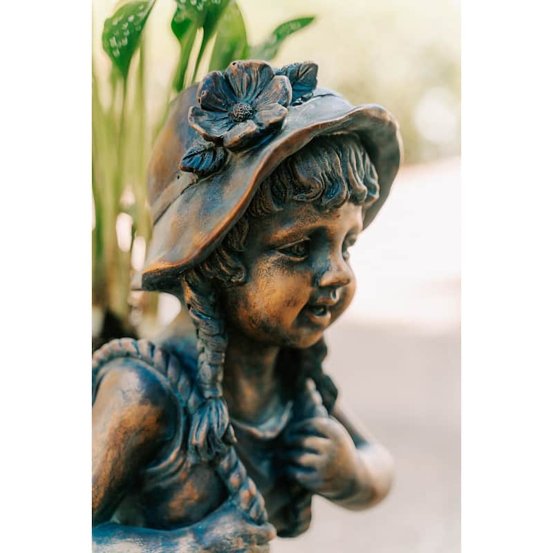 Xbrand 24" H Faux Bronze Magnesium Oxide Walking Garden Statue w/Small Flower Plant Pot, Natural Design Sculpture