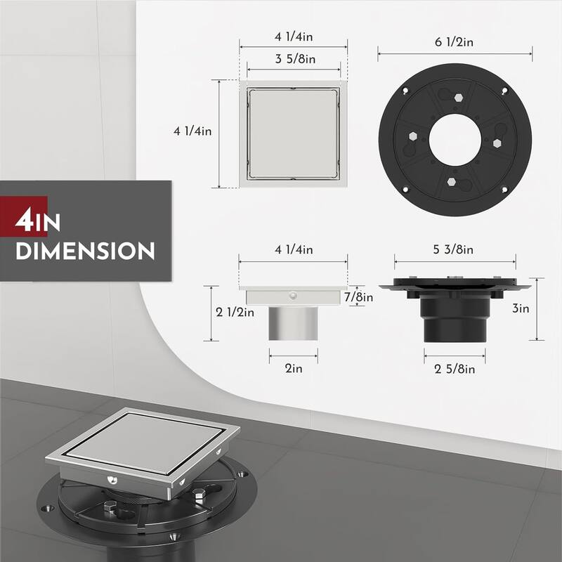 4/6-Inch Square Shower Drain, Reversible Tile Insert