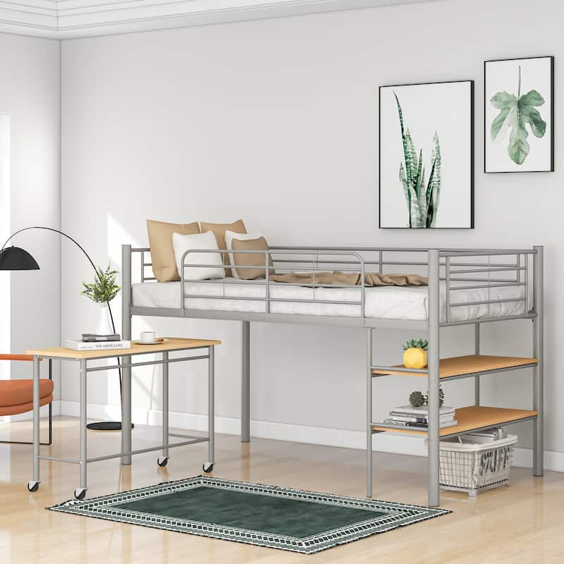 Twin Size Metal Loft Bed with Desk and Shelves