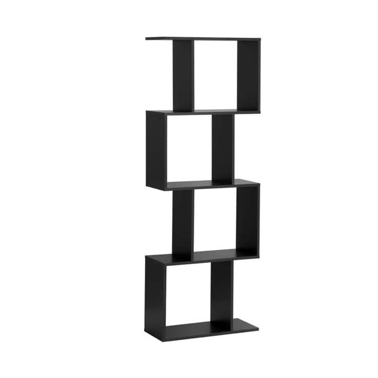 Modern 4-Tier S-Shaped Bookcase with Ample Storage for Small Spaces - 23.5" x 10.5" x 65.5" - Black