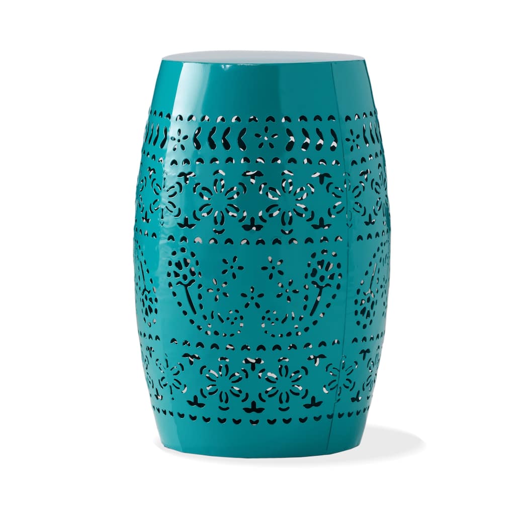 Outdoor Garden Stool Side Table, Lace-Cut 12 Inch Top, Teal Iron