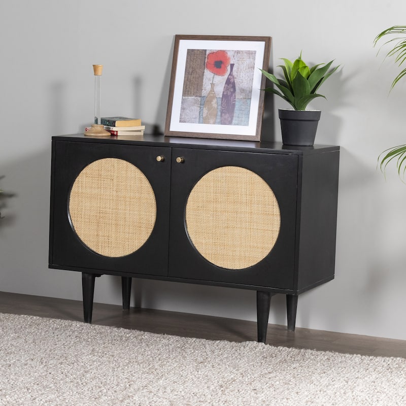 Circle Solid Wood with Natural Woven Cane Two-Door Cabinet