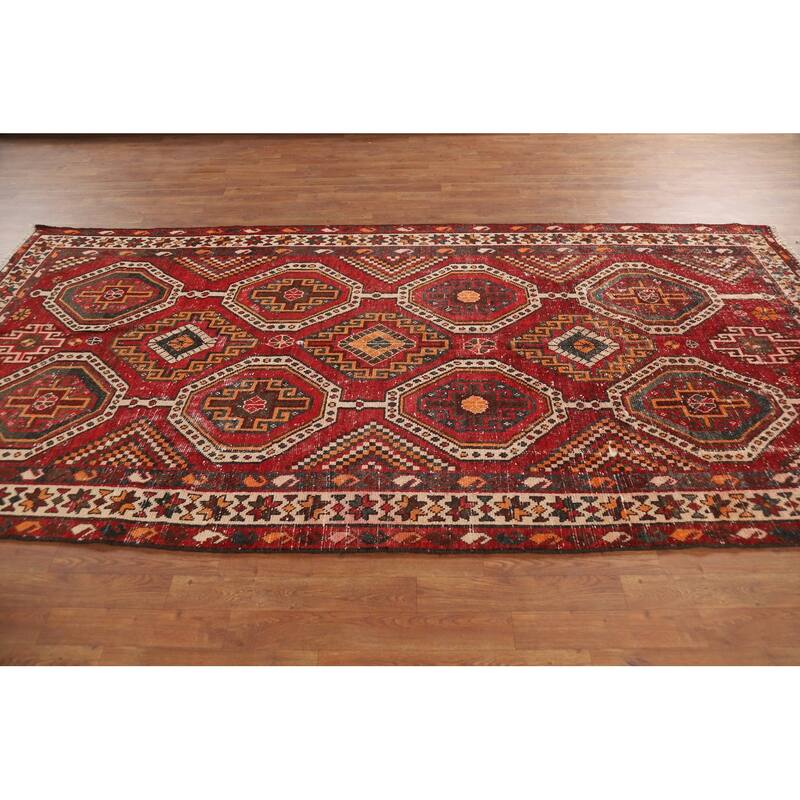 Red Geometric Distressed Bakhtiari Persian Vintage Wool Carpet - 5'0"x 10'1"