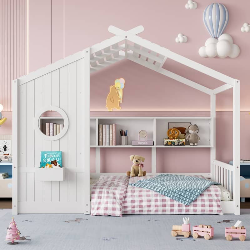 Twin Size Floor House Bed,Kids Bed with Storage Shelf, Playhouse Bed