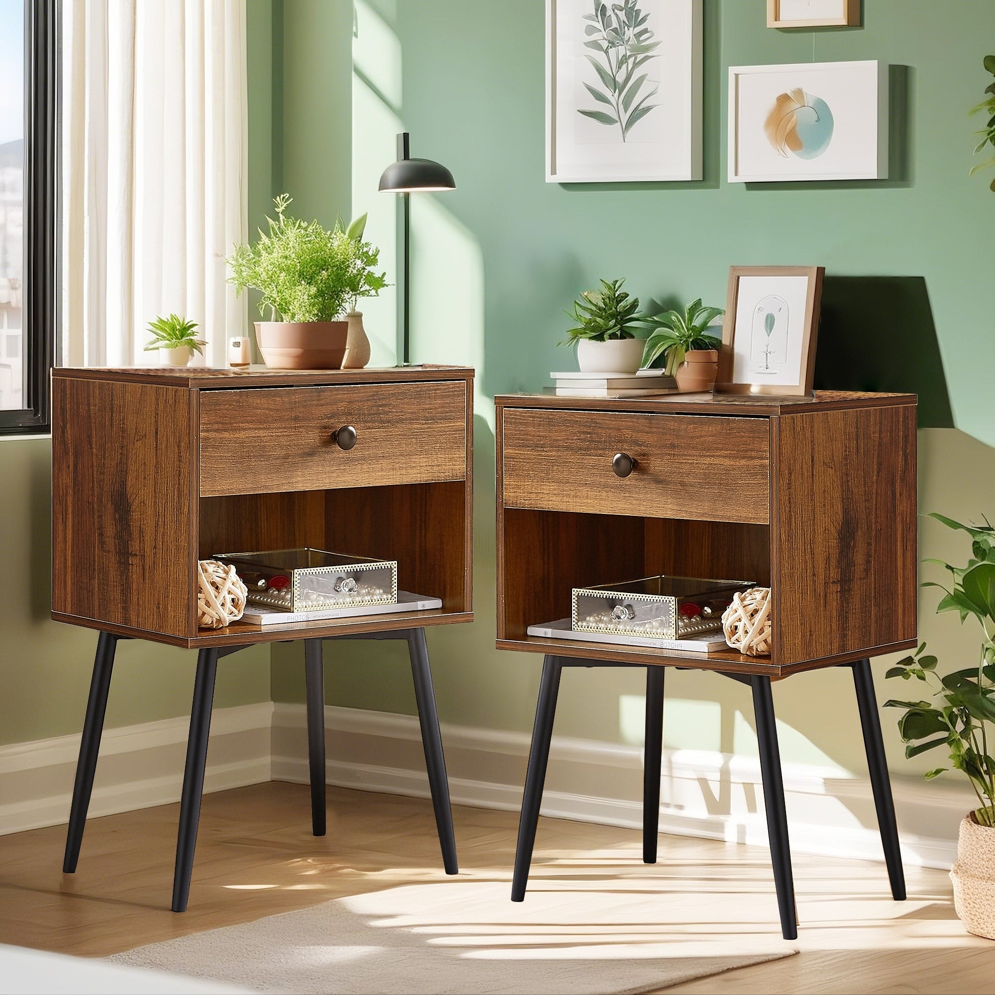 VECELO Set of 2 Nightstands with Drawer & Open Storage Shelf Bedroom Side Tables with Metal Legs for Bedside & Living Room