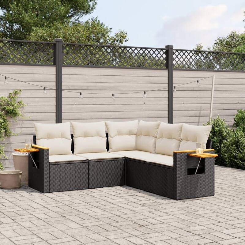 vidaXL Patio Sofa Set with Cushions Outdoor Conversation Furniture Poly Rattan - Black and cream without table - 24.4 x 24.4 x 27.2 in