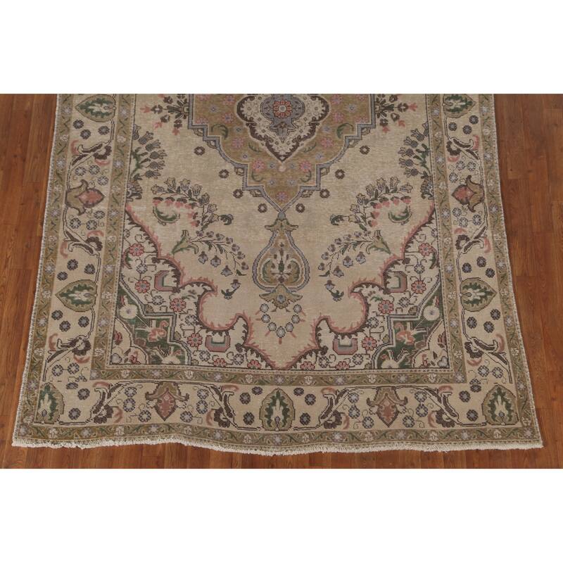 Beige Tabriz Persian Vintage Area Rug Handmade Wool Carpet - 6'3"x 9'7"