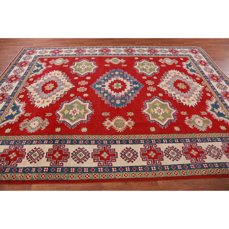 Hand Knotted Oriental 100% Wool Carpet Traditional Geometric Red Kazak Area Rug - 11' 0'' X 8' 2''