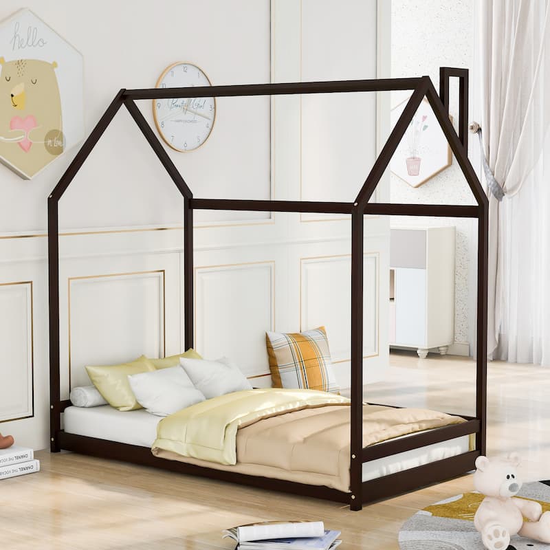 Twin/Full Size Wooden House Bed for Kids, Semi-Enclosed Playhouse Design with Roof, Perfect for Bedroom Fun and Sleep - Espresso - Twin