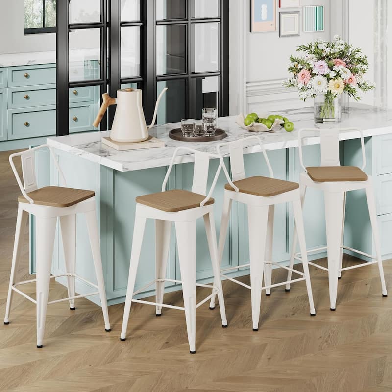 Swivel Counter & Bar Stools with Metal Frame Farmhouse 26" and 30" Seat Height Kitchen Barstools with Low Back and Wooden Seat
