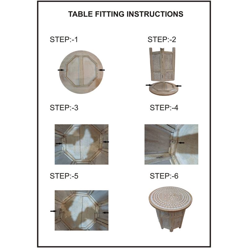 Accent Side Table, Mango Wood 18 Inch Round Top, Hand Carved Inlay Mandala Design, Washed White