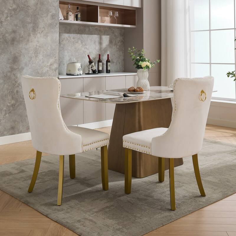High-end Tufted Solid Wood Contemporary Velvet Upholstered Dining Chair with golden Wood Legs Nailhead Trim 2-Pcs Set