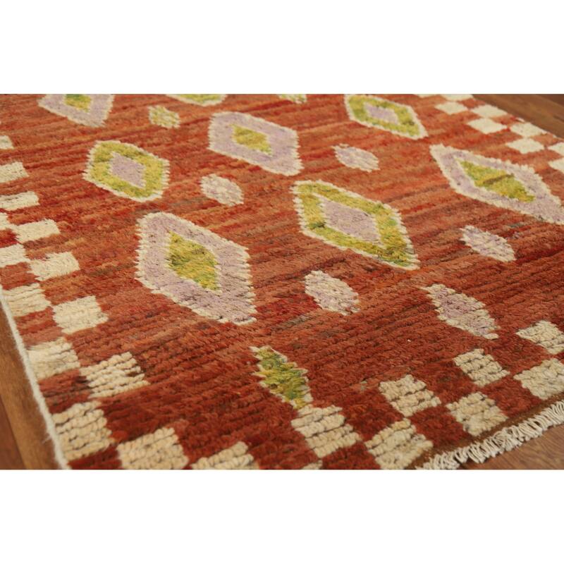 Orange Moroccan Oriental Runner Rug Handmade Hallway Wool Carpet - 3'5" x 15'10"