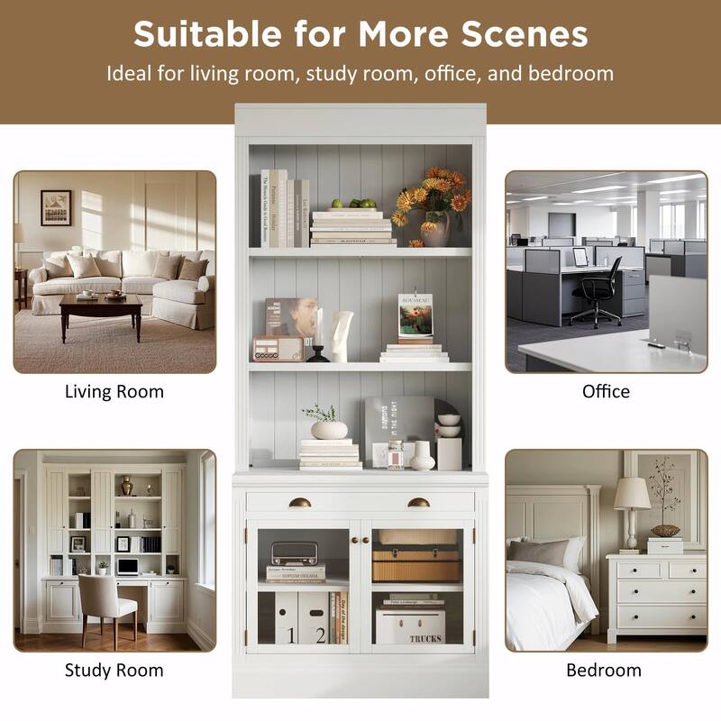 83.4" Tall Bookshelf, Modern Bookcase with 2 Glass Doors, 1 Drawer & Open Shelves