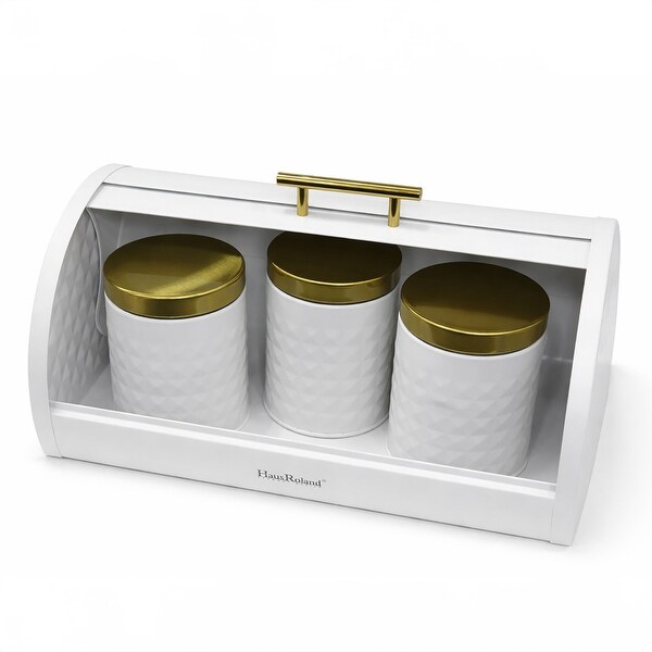 HausRoland White Bread Box Set with 3 Jars - 14.8 x 10.8 x 7.1