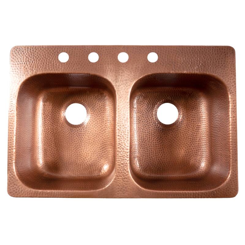 Santi Copper 33" Double Bowl Drop-In Kitchen Sink with 4 Holes - Left