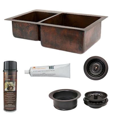 33-in Hammered Copper Kitchen 40/60 Double Basin Sink with Matching Drains, and Accessories (KSP3_K40DB33229)