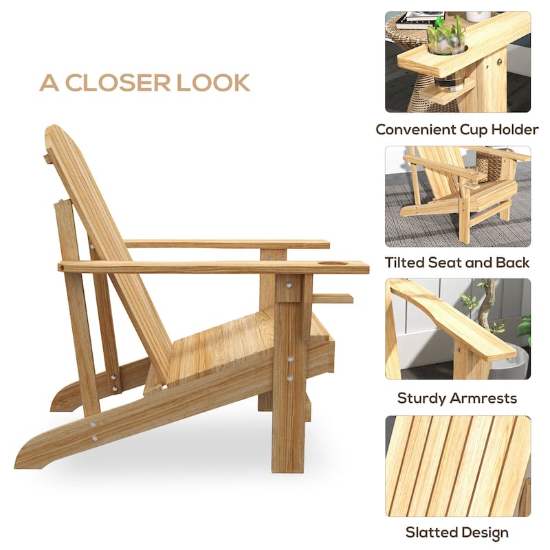 Outsunny Wooden Adirondack Chair, Outdoor Patio Lawn Chair with Cup Holder, Weather Resistant Lawn Furniture, Classic Lounge