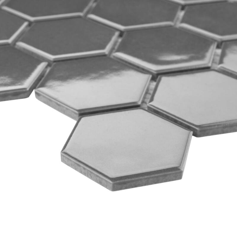 Merola Tile Metro 2" Hex Glossy Grey 11-1/8" x 12-5/8" Porcelain Floor and Wall Tile