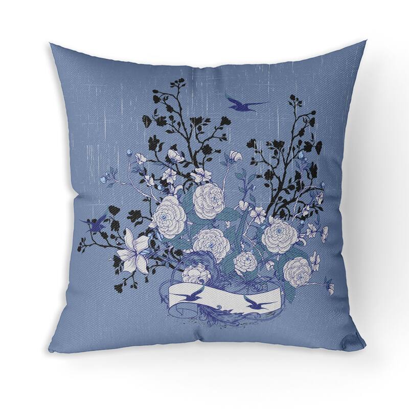 Elegant Floral Bouquet Broadcloth Pillow With Removable Cover in Blue White Black - 18" x 18"