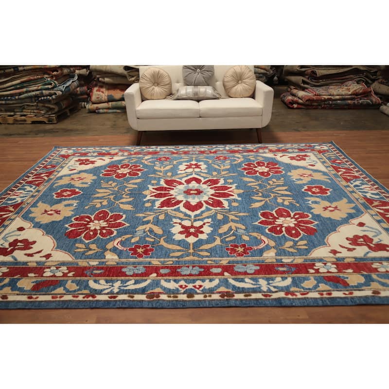 Hand Knotted Oriental 100% Wool Carpet Transitional Floral Navy Blue & Blues Oushak Area Rug - 10' 8'' X 8' 5''