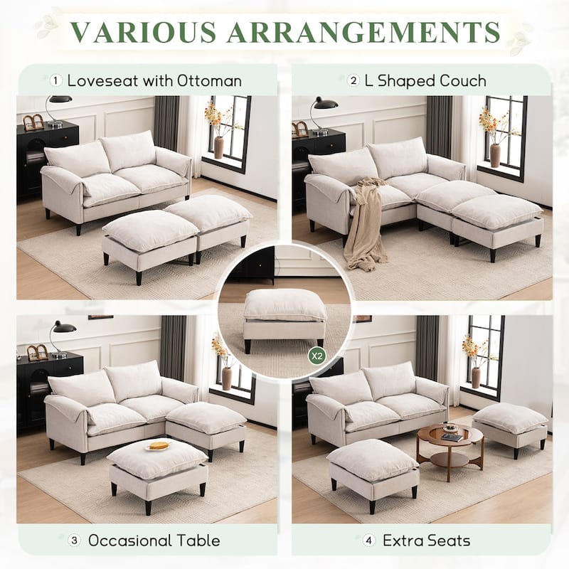 Cloud Loveseat Sofa & Storage Ottomans Set, Sleeper Sectional Sofa Bed with Chaise Lounge, Widen Armrests and Slipcovered