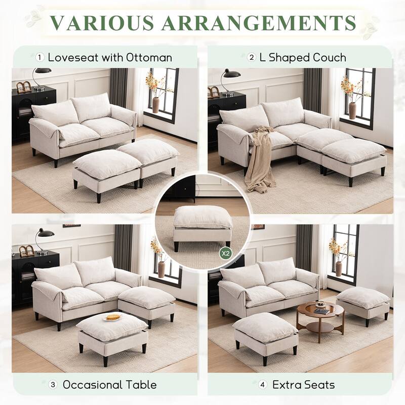 Convertible U-Shaped 2-Seater Beige Sofa with Footstools and Storage for Living Room, Bedroom, Office or Small Space