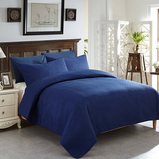 3 Piece Quilt Set Ultra Soft Elegant Embroidered Queen Navy Blue - Bed ...