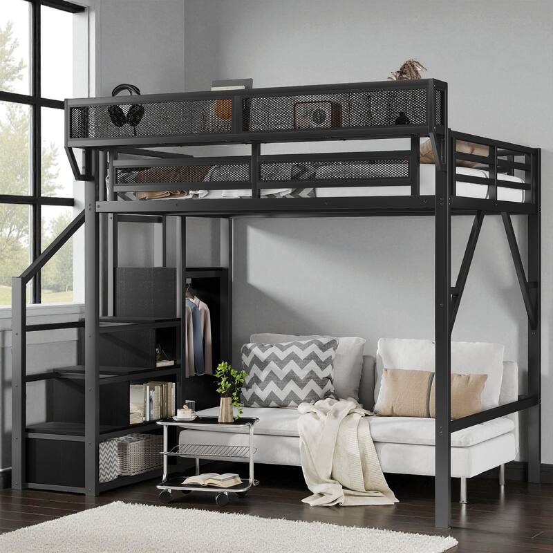 Full/Queen Size Metal Loft Bed with Stairs, Wardrobe, and Storage Shelves, High Loft Bed Frame for Kids and Teens