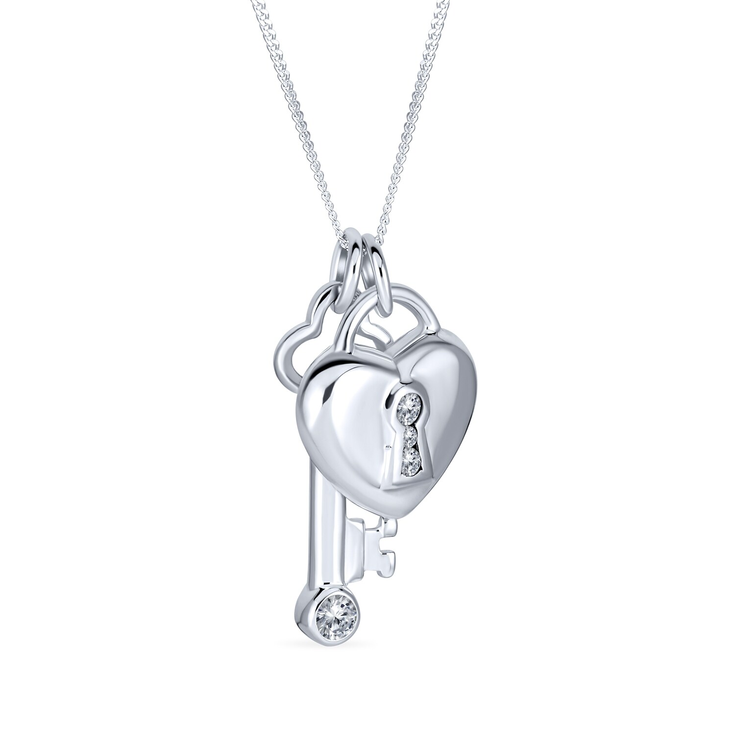 Stainless Steel CZ Heart Lock and Key Pendant Chain Necklace Stainless Steel CZ Heart Lock and Key Pendant Chain Necklace