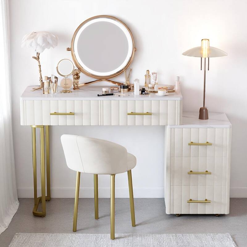 Upholstered Makeup Vanity Table with Padded Chair, 5 Drawers, Marble Finish Top, Adjustable Storage - Beige