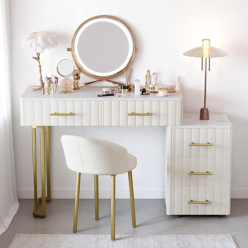Upholstered Makeup Vanity Table with Padded Chair, 5 Drawers, Marble Finish Top, Adjustable Storage