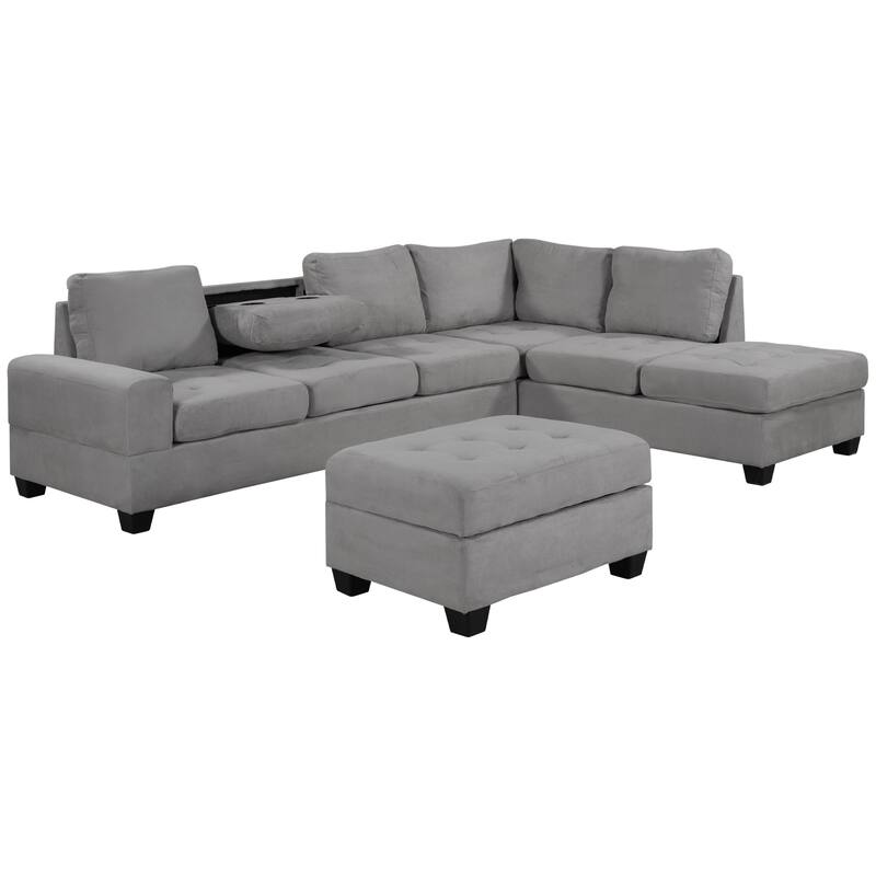 Modern Sectional Sofa with Reversible Chaise, L Shaped Couch Set with Storage Ottoman and Two Cup Holders
