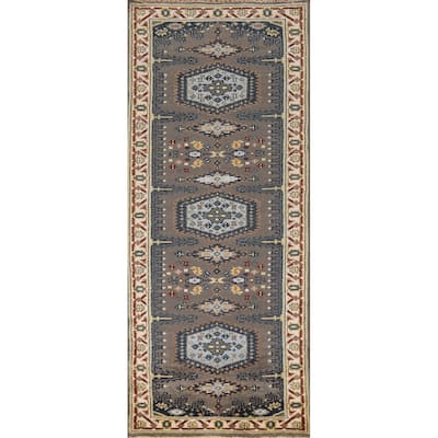 Gray Geometric Viss Indian Runner Rug Handmade Wool Carpet - 2'7"x 8'1"