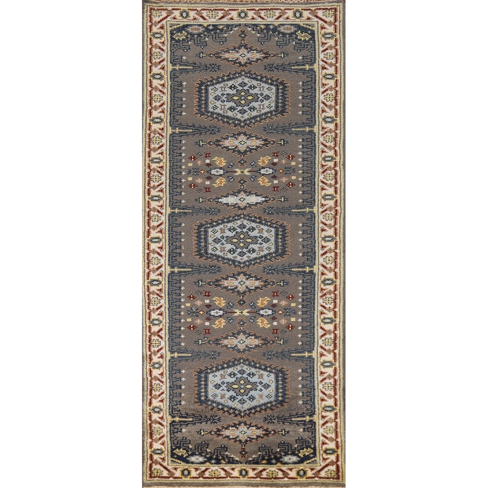 Gray Geometric Viss Indian Runner Rug Handmade Wool Carpet - 2'7"x 8'1"