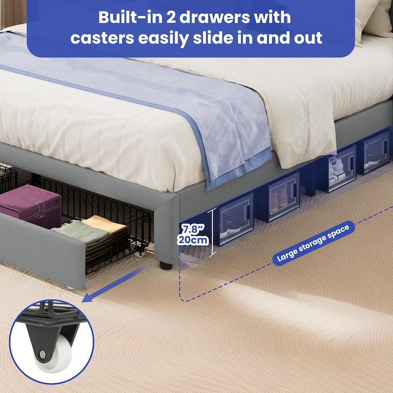 Queen Wingback Bed Frame with Drawer and USB Charging