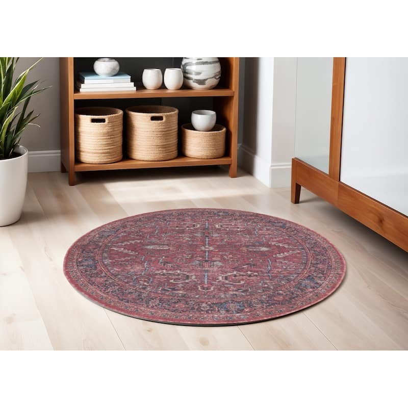Power Loomed Distressed Geometric Floral Traditional Durable Area Rug - 63' X '63' X '0.28 - 63' X '63' X '0.28 - Red - Round