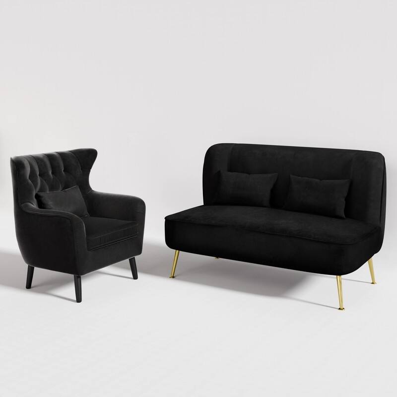 Upholstered Tuft Velvet Metal Thick Cushion Two Accent Chairs Loveseat