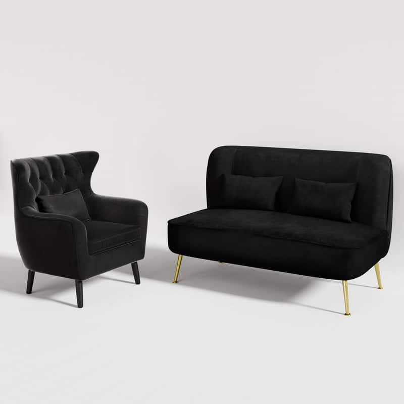 Velvet Upholstered Metal Legs Tuft Thick Cushion Loveseat - Black Velvet